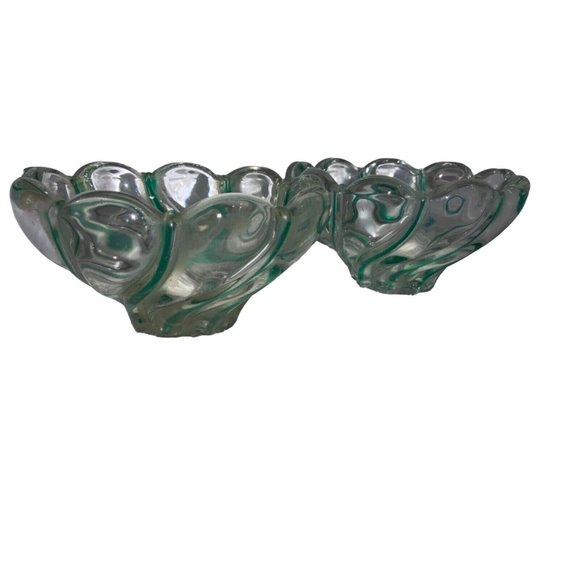 2 Clear Glass Bowls with Green Swirls Scalloped Edge - Picture 3 of 7